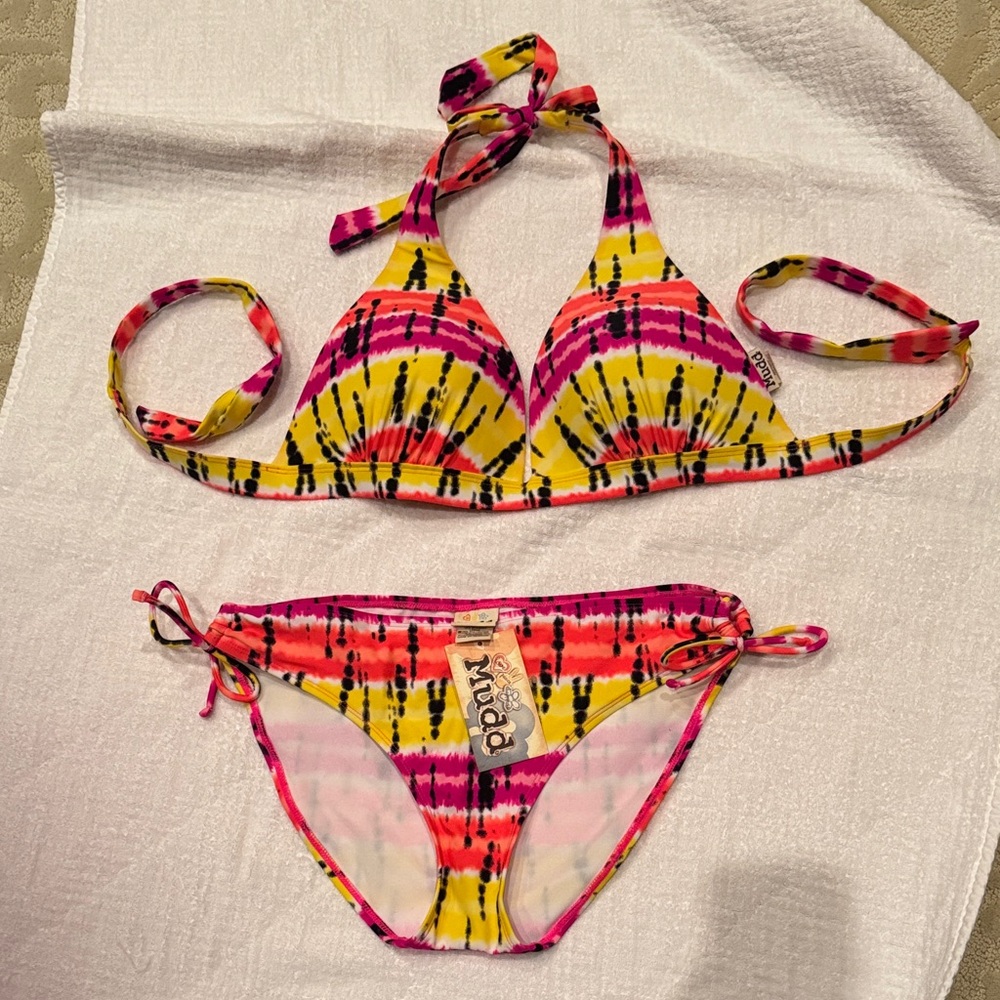 Mudd Bikini - Yellow Pink & Orange - Padded Bikini Top XL & Bikini Bottom M